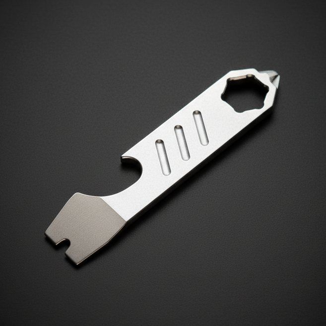 Mini Titanium Pry Bar with Bottle Opener, Nail Puller & Hex Wrench · 75 mm