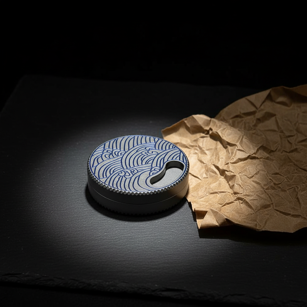 Wave-Engraved Titanium Round Box · 50 mm
