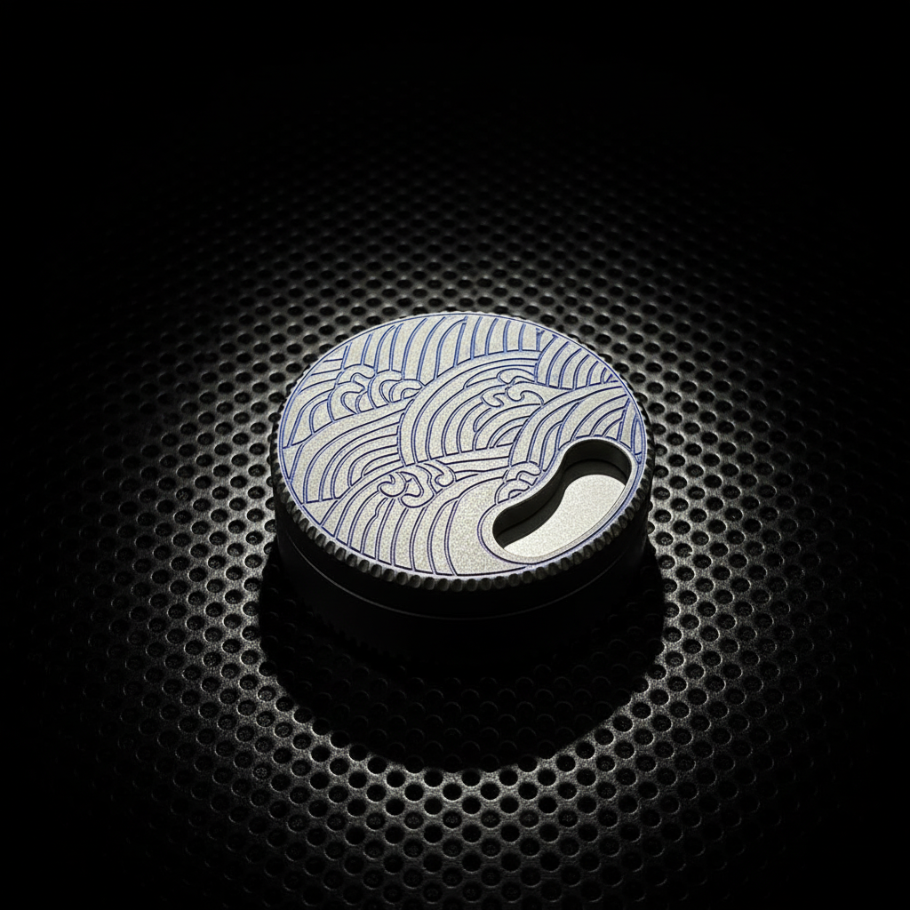 Wave-Engraved Titanium Round Box · 50 mm