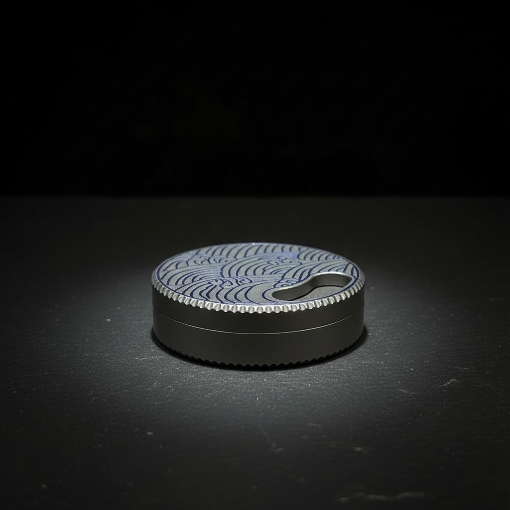 Wave-Engraved Titanium Round Box · 50 mm