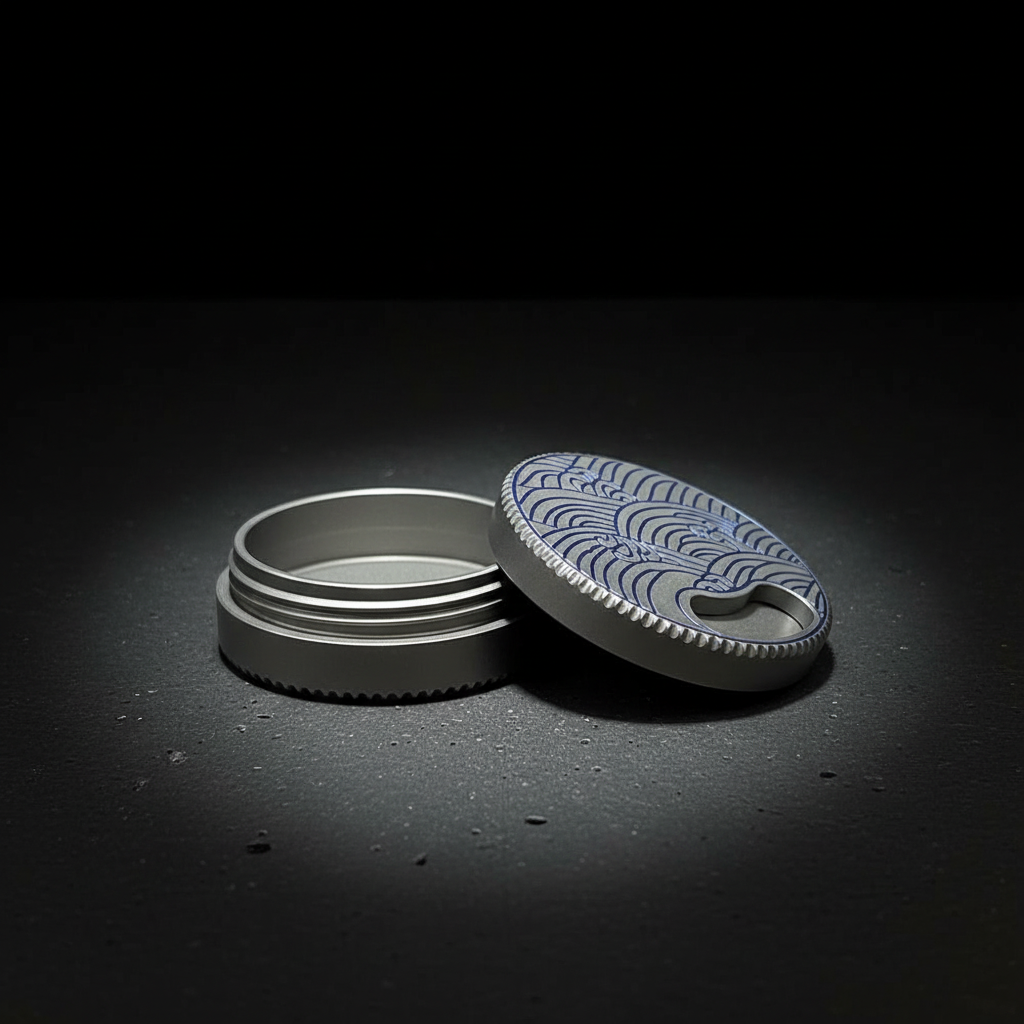 Wave-Engraved Titanium Round Box · 50 mm