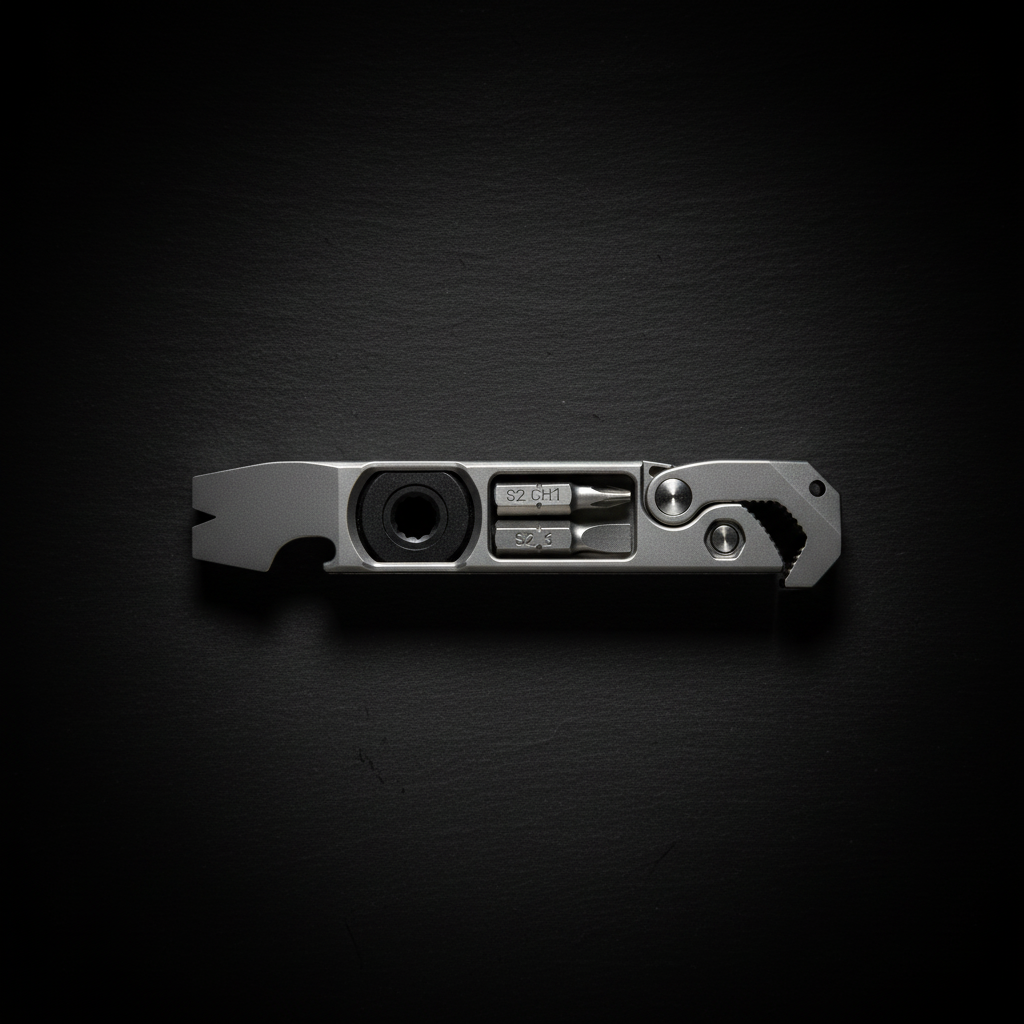 Titanium Multitool with Bit Holder, Ruler & Wrench · 118 mm